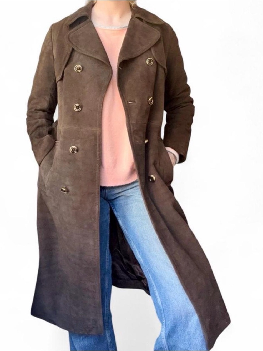 Women's Brown Suede Double-Breasted Long Coat Duster vintage 70s leather minimal